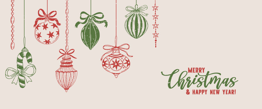 Christmas decoration background. New Year poster. Hand drawn festive card with hanging Christmas tree toys and balls. Holiday winter greeting card. Vector illustration