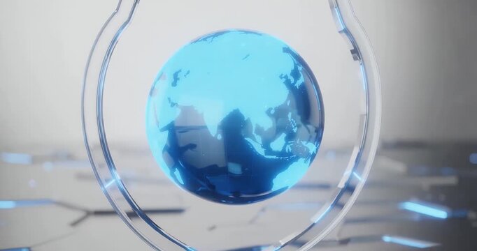 A glowing blue digital globe of Earth centered within a transparent curved frame on a futuristic abstract background.