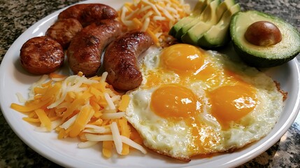 Obraz premium Eggs, sausages, cheese, and avocado were prepared for a tasty morning meal.