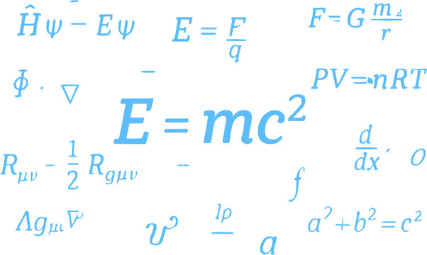 A collection of fundamental physics and mathematical equations, including E=mc&sup2;, on a white background.