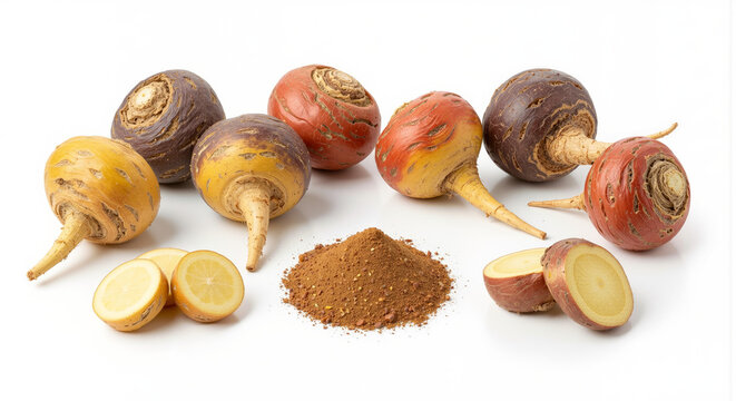Jamu herbal ingredients javanese ginger  kaempferia galanga  fingerroot  slices and powder traditional medicinal plants. animation