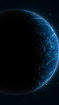 Blue alien planet half covered in shadow against a starry space background, evoking cosmic mystery, astronomy, and futuristic exploration.