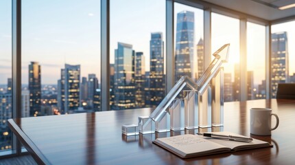 Plakat Transparent glass arrow chart showing business growth on wooden desk, city skyline view through office window, financial success concept, investment profit increase