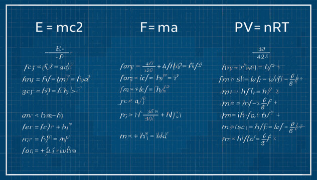 A blueprint-style background displaying fundamental physics equations including E=mc2, F=ma, and PV=nRT with derivations.