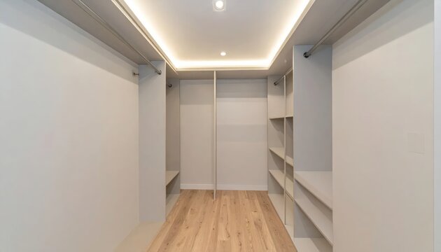 Simple modern empty closet with wood flooring and shelving.