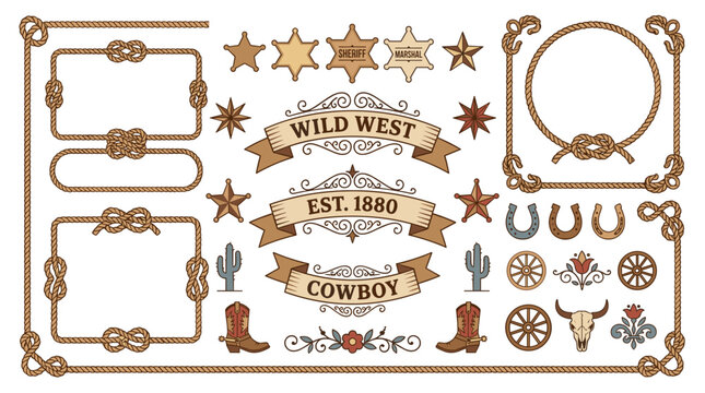 Wild West Cowboy Elements Collection Rope Frames Stars Badges Ribbons and Icons