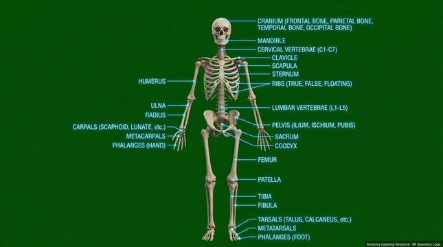 Detailed illustration of the human skeleton with labeled bones and anatomical structures