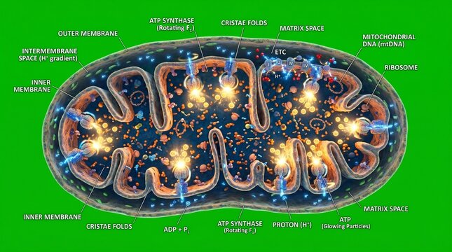 Detailed illustration of a mitochondrion with labeled components and structures