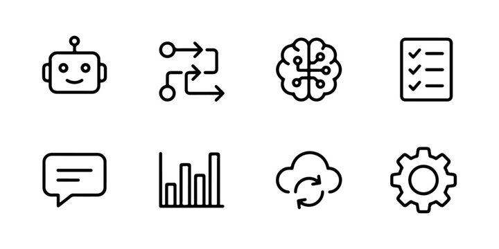 AI line icon set with robot brain fork workflow cloud sync for automation SaaS UI