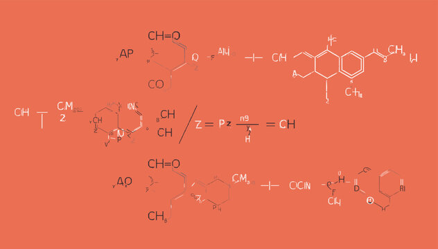 Complex chemical reaction diagrams and molecular structures displayed on a plain orange background, illustrating organic chemistry principles.
