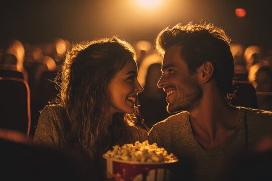 Warm evening at the theater: couple seated together with popcorn