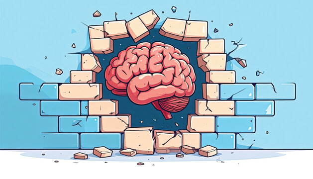 Brain breaking through brick wall barrier.