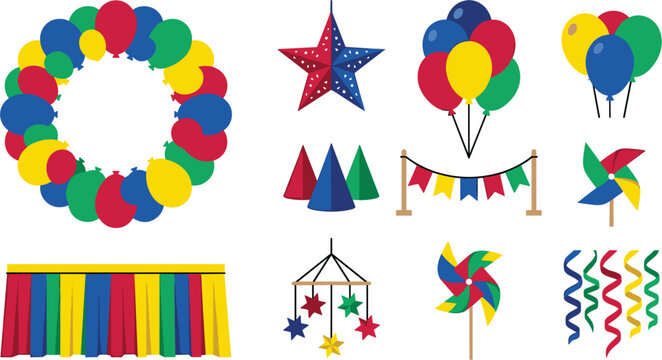 Vibrant Circus and Birthday Party Decoration Vector Element Set Featuring Balloon Arch, Bunting Pennants, Pinwheels, and Festive Streamers for Carnival Celebration Designs