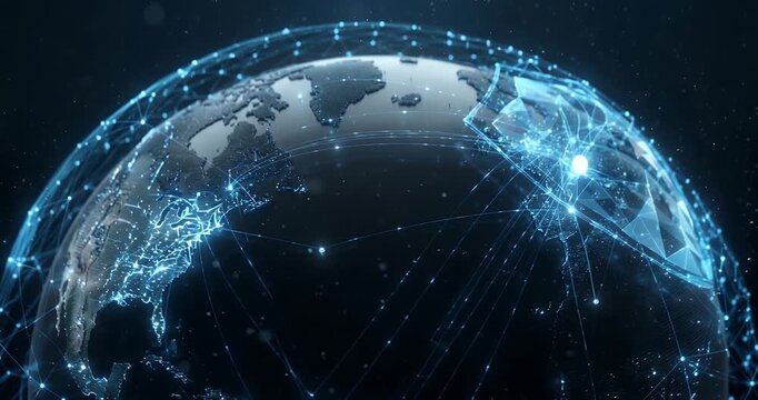 A glowing blue digital network overlaying a dark Earth, symbolizing global connectivity and technology.