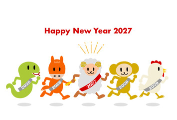 Fototapeta premium 2027年未年の年賀状: バトンリレーで走る干支動物