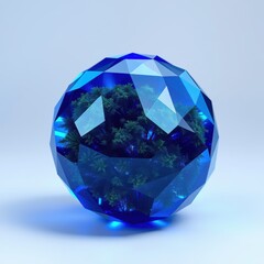 Fototapeta premium Blue faceted sphere contains lush greenery. Light reflects off surfaces, creating vibrant glow. Minimalist studio shot.