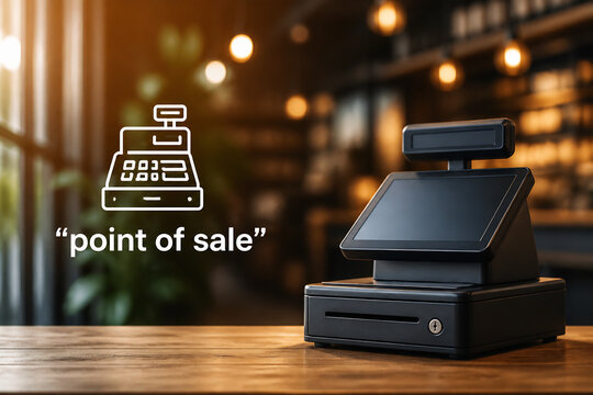 A modern black point of sale terminal sits on a wooden table in a warm, blurred indoor setting.
