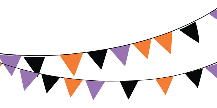 Halloween bunting flags with orange purple and black triangle pennants hanging on ropes