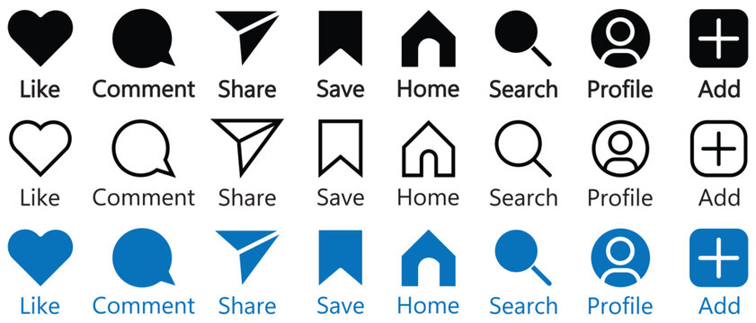 Instagram Social Media Reels Flat Icon Vector. Reels like, comment, share, save, admin, user, profile, search, home, add icons. Vector illustration.