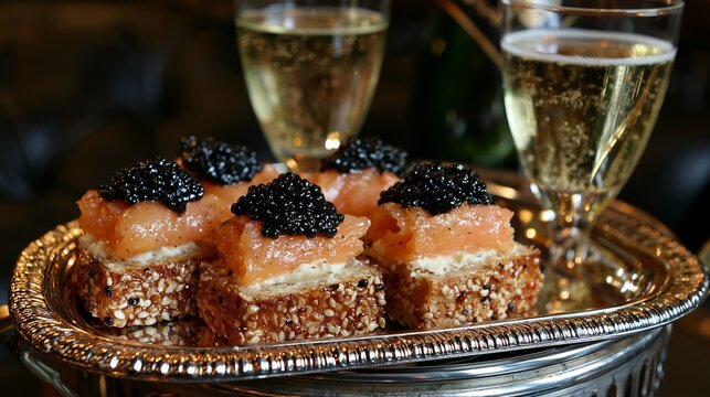 Smoked salmon and cream cheese bites, topped with caviar, sit ready with bubbly Champagne.