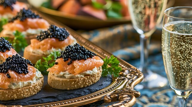 Smoked salmon and cream cheese bites, topped with caviar, sit ready with bubbly Champagne.