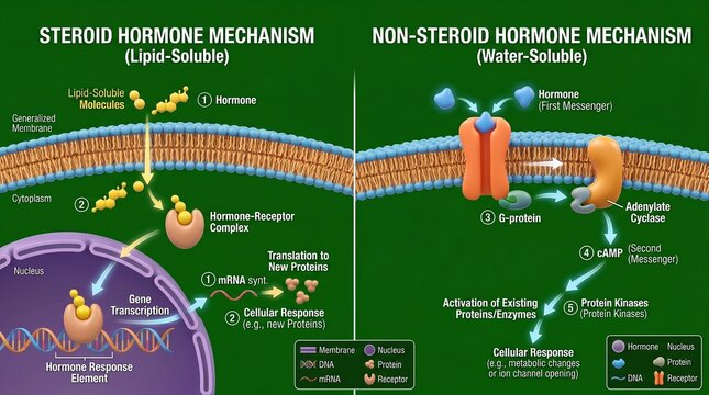 Infographic showing steroid and nonsteroid hormone mechanisms in cells