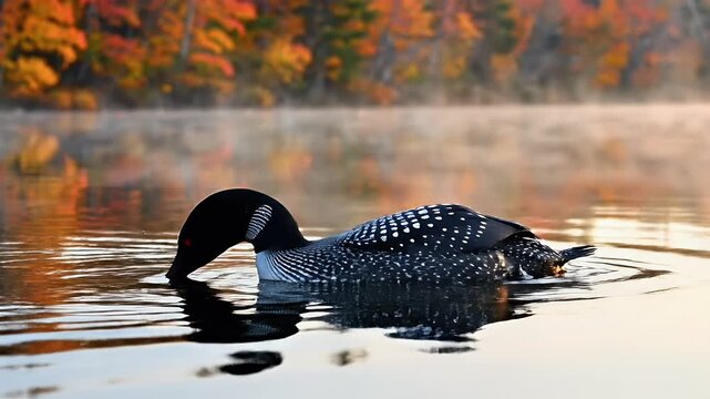 A loon glides on misty water reflecting autumn foliage