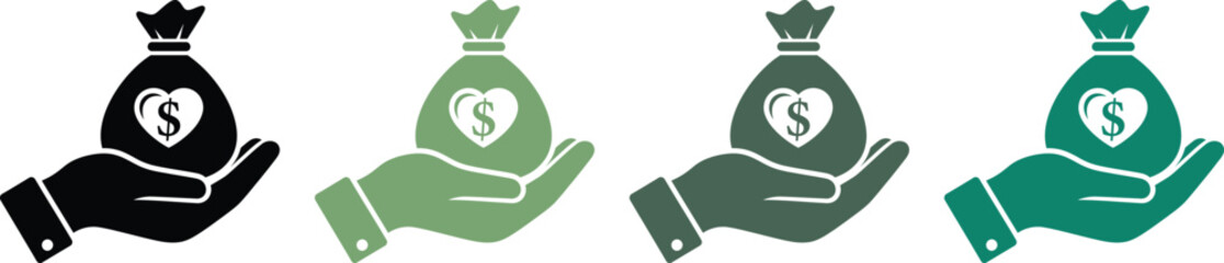 Fototapeta premium Hand icons holding a money bag with a heart and dollar sign symbol for charity and donation concepts in various green and black shades