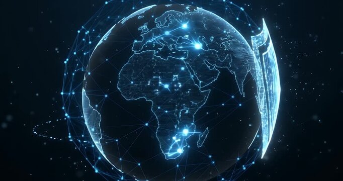 Digital representation of a glowing blue Earth globe with interconnected network lines and data points, symbolizing global communication and technology.