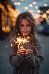 Naklejka premium Young girl with a glowing sparkler in a twilight outdoor scene