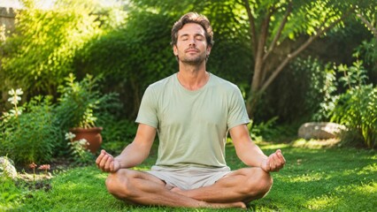 Obraz premium A man in a green t-shirt sits meditating on a grassy lawn surrounded by dense garden greenery