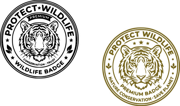 Protect Wildlife circular emblem badge with detailed tiger face illustration, premium conservation safe planet design for logo, apparel, and print use