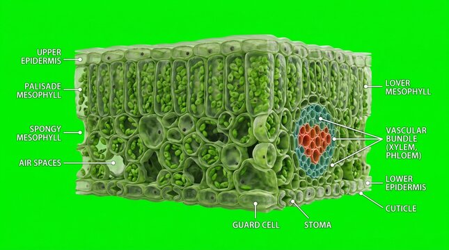 Detailed diagram of a plant leafs cellular structure and anatomy labeled