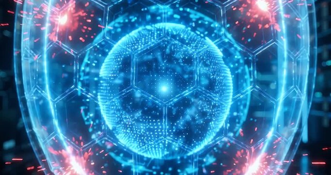 A futuristic blue glowing digital core with hexagonal patterns and energy fields.