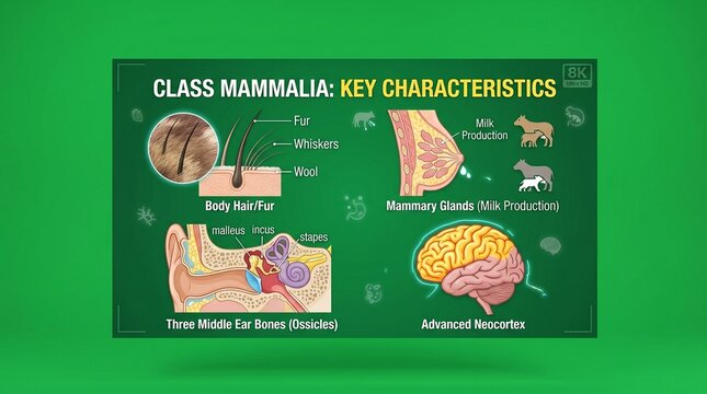 Class mammalia key characteristics infographic with labeled diagrams