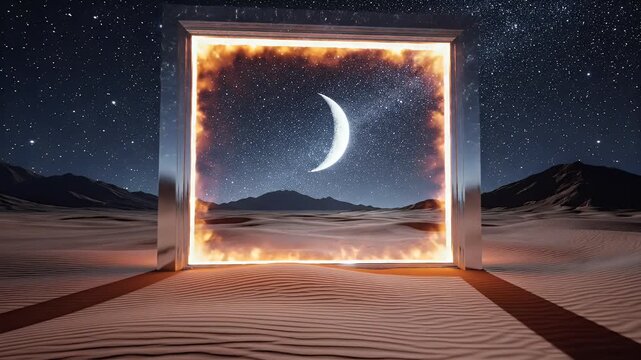 Portal to a fiery cosmos with moon and stars over desert dunes