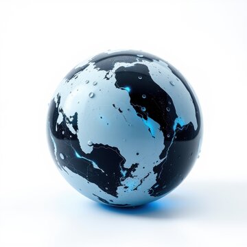 Globe depicting Earth, covered with water droplets. Blue continents contrast dark oceans. Reflective surface suggests fragility, climate change impact.