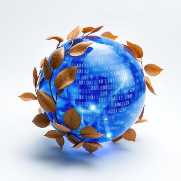 Blue sphere covered in binary code, surrounded by brown leaves. Symbolizes technology, nature, data, growth, future concepts.