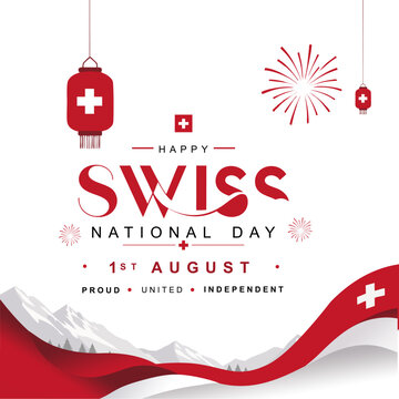 Modern Swiss National Day illustration featuring Swiss flags, alpine mountains, lanterns, and fireworks celebrating August 1st. Perfect for banners, posters, social media.
