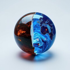 Fototapeta premium Globe split, showing earth side, fiery cosmos opposite. Reflective surface, dramatic lighting creates visual impact. Minimalist style.