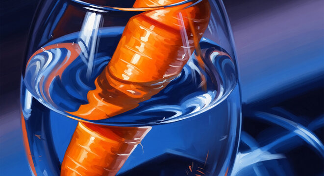 Abstract art featuring an orange carrot submerged in blue liquid within a glass, symbolizing refreshing contrast and vibrant natural ingredients