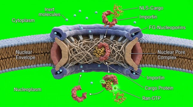 Detailed illustration of the nuclear pore complex structure and function in cells