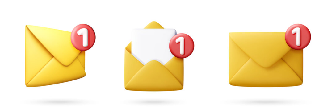 Set of 3D yellow envelope icons with notification bubble. Digital email communication symbol with unread message alert. Innovative graphic element for web interface and communication.