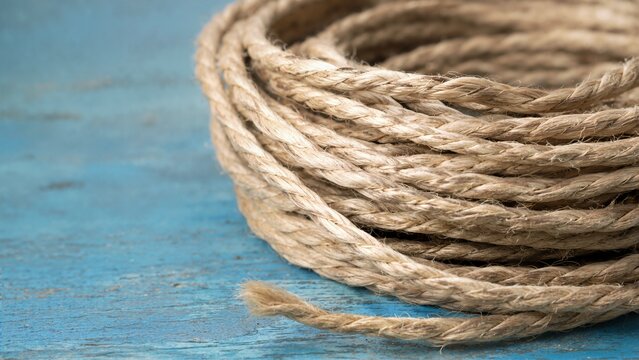 Coil of natural twisted flax fiber rope on a distressed blue wooden background. Rustic binding cord