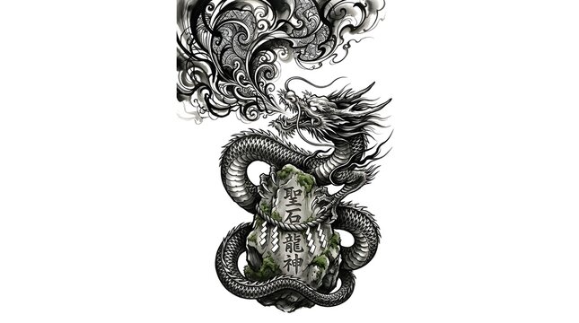 Mythical creatures and traditional Japanese art illustrations collection in black ink style