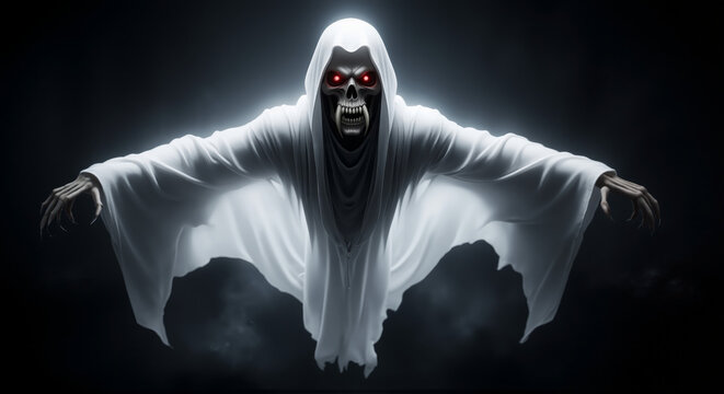 Spooky ghostly figure in white hooded robe with glowing eyes and outstretched arms in dark atmosphere with fog horror concept for Halloween or supernatural themes. animation