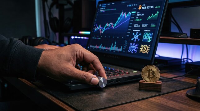 A persons hand on a computer mouse next to a bitcoin on a desk with a laptop displaying cryptocurrency graphs and charts in a dark room
