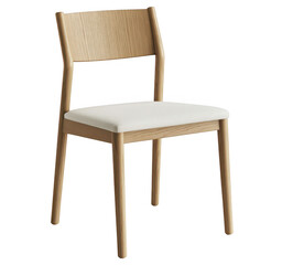 Fototapeta premium A wooden dining chair with a light oak frame and a simple white upholstered seat isolated against a plain white background, for furniture