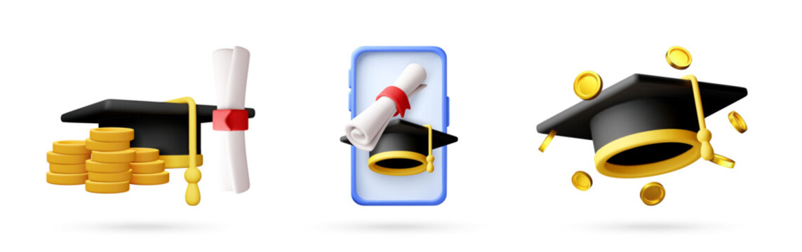 3D illustration set of graduation cap with scroll and golden coin. Online education and academic degree concept. Digital student achievement and investment in knowledge icons collection.