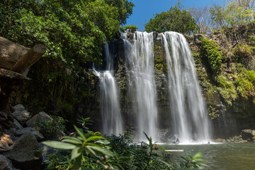 Naklejka premium Llanos de Cortes waterfall flowing into a green pool in Costa Rica